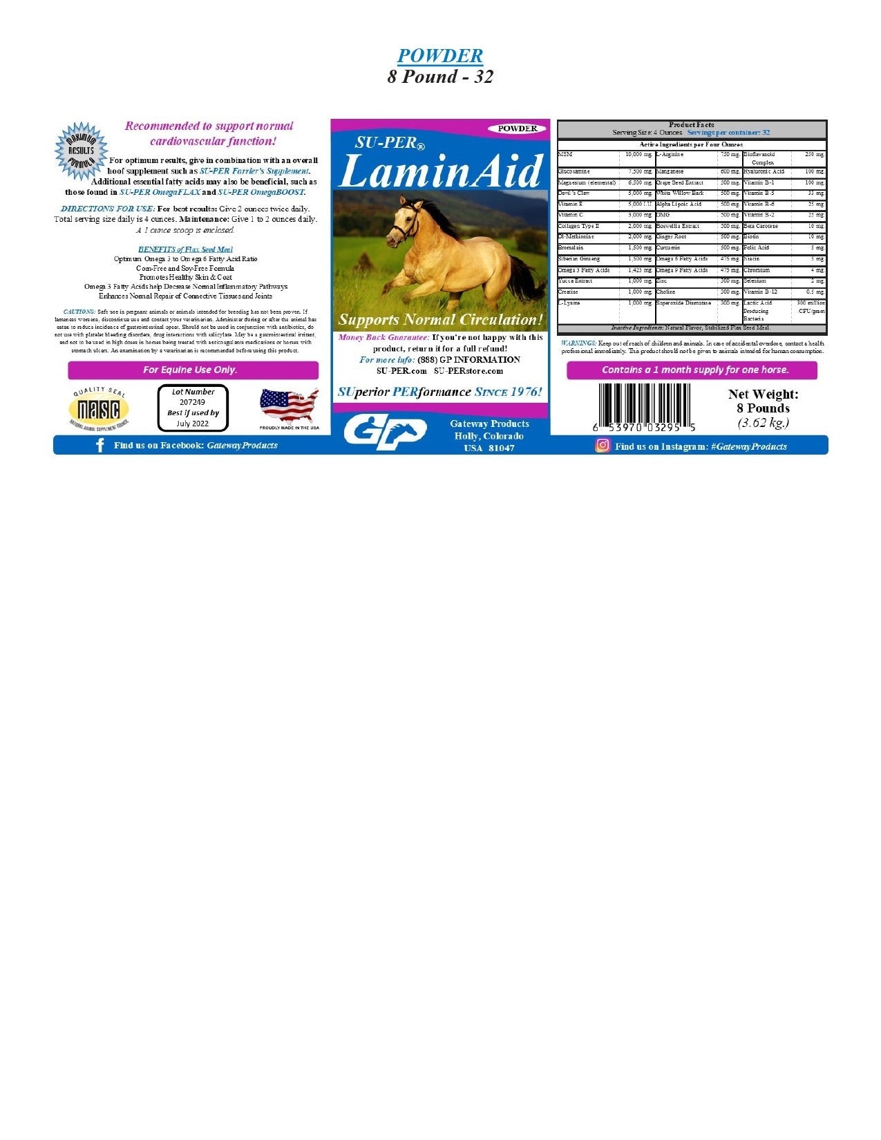 Suplemento para pezuñas Su-Per LaminAid 8 Libras